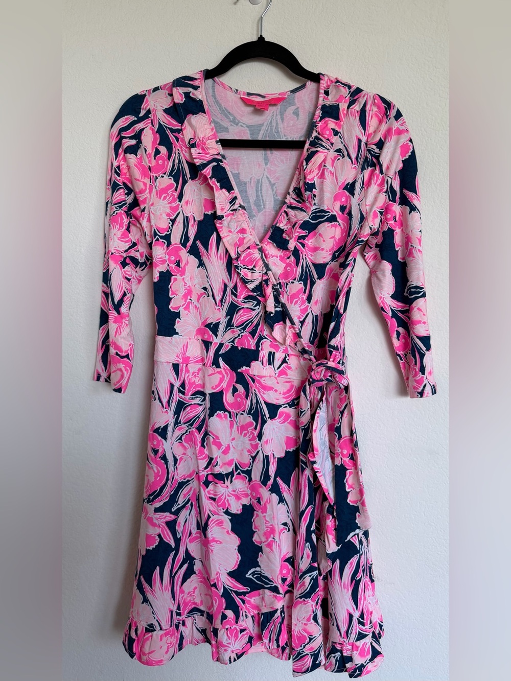 Lilly Pulitzer Floral Romper- Faux Wrap Dress in Navy and Pink